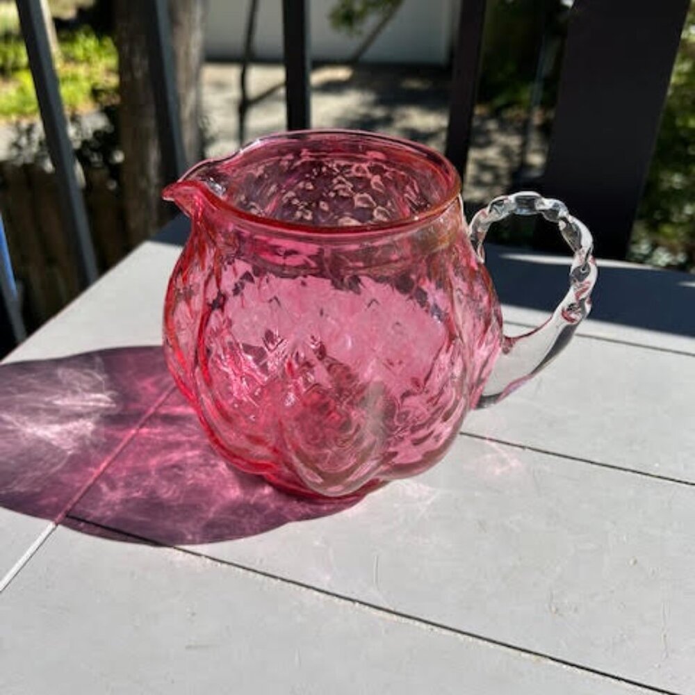 Fenton Cranberry Glass Pitcher 5" Diamond Optic Quilted Clear Handle Vintage - Picture 3 of 3
